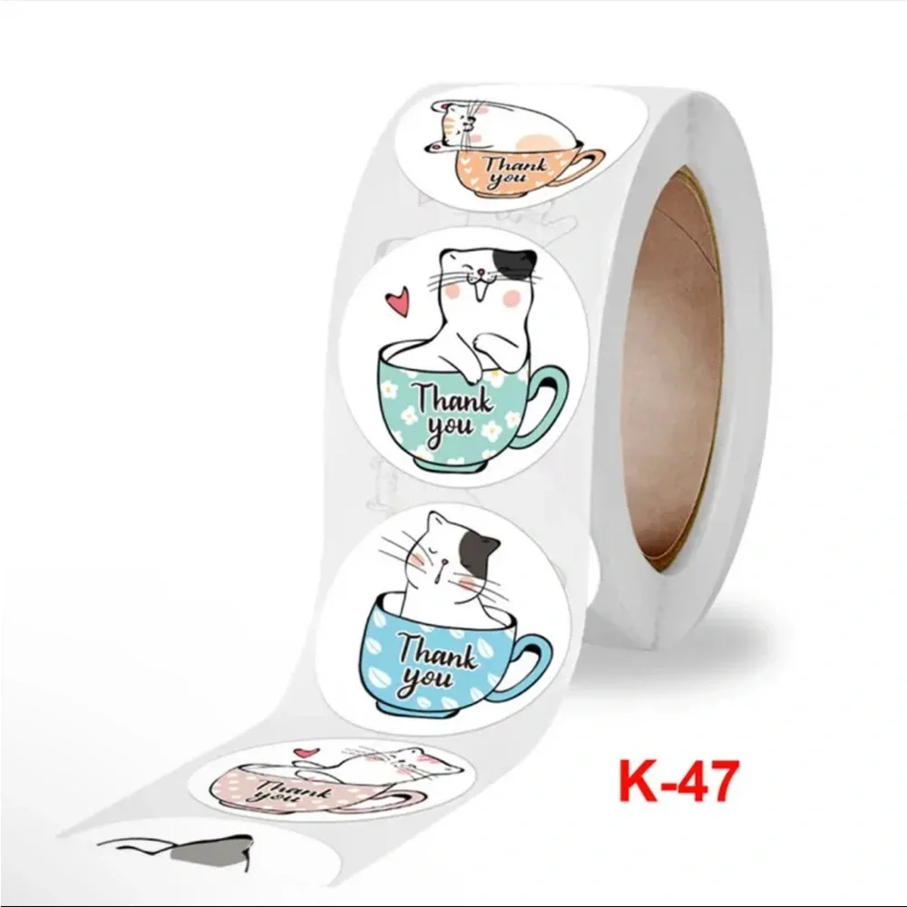 Roll of 500 Cute Kitty Cat in Teacup Round Thank You Stickers Coffee Mug